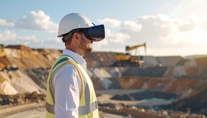 Construction worker wearing VR headset observes quarry