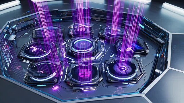 Futuristic technology scene with hexagonal platforms emitting purple beams of light. The design features a sleek, metallic surface and glowing elements