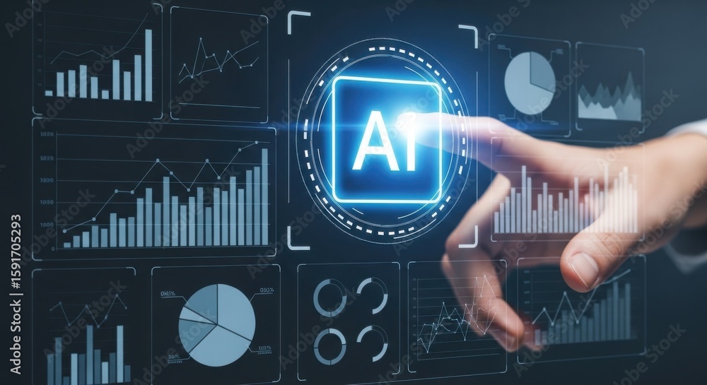 Fototapete hand touching a i interface with multiple data charts and graphs artificial intelligence technology
