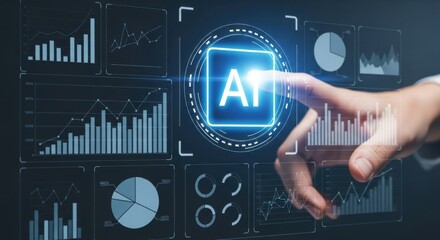 Hand touching A I interface with multiple data charts and graphs artificial intelligence technology