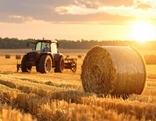 Golden sunset over a harvested field with a tractor