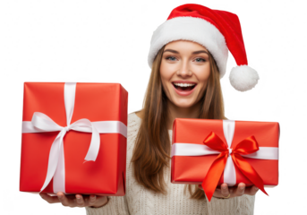 A happy woman wearing a santa hat holds two red christmas gifts with white ribbons isolated on transparent background
