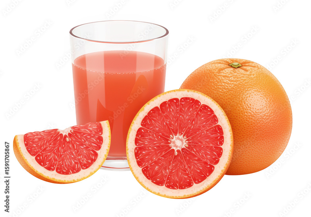 Poster a glass of grapefruit juice with a whole grapefruit and two slices on a transparent background