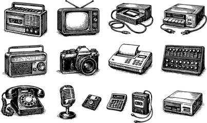 Collection of vintage electronics including radios, TVs, cameras, calculators, phones, tape recorders—perfect for retro tech themes, nostalgia, and classic media aesthetics
