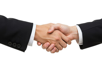 Two businessmen in suits shaking hands, sealing a deal isolated on transparent background