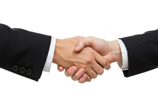 Two businessmen in suits shaking hands, sealing a deal isolated on transparent background