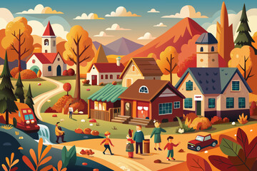 Cartoon Village Fall Festival Preparation vector illustration