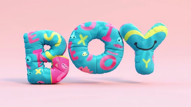 Inflatable letters forming the word boy bounce slightly on a pink background