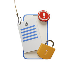 3D Rendering of Smartphone, Document, Security Key, and Hook. Representing Phishing and Data Stealing Illustration