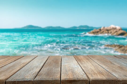 Clear turquoise sea and sky blurry background with small rock formations Wooden planks foreground