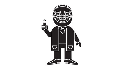 Black and white vector illustration of a professor cartoon icon character