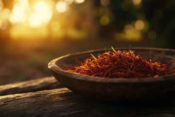 A wooden bowl filled with saffron threads, bathed in the warm golden light of sunset.