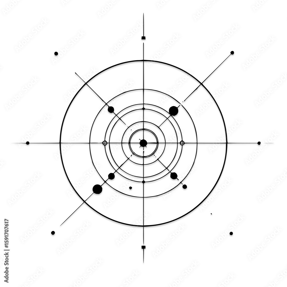 Poster abstract tech design featuring concentric circles, lines, and dots on a white background centered of