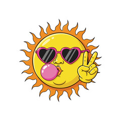 Whimsical Sun Character Blowing Bubblegum and Wearing Pink Heart Sunglasses with Peace Sign Hand Gesture – Flat Vector Illustration