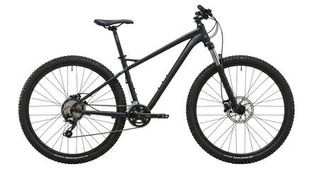 A brand new, sleek black mountain bike with a matte frame, knobby tires, and suspension, perfectly centered on a transparent studio background with even, diffused lighting and no shadows,