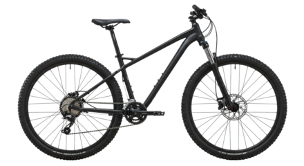 A brand new, sleek black mountain bike with a matte frame, knobby tires, and suspension, perfectly centered on a transparent studio background with even, diffused lighting and no shadows,