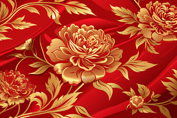 Red Silk Fabric Gold Peony Motifs vector illustration