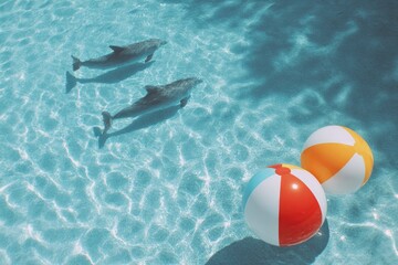 Obraz premium Two dolphins swim beach balls bob in a sunny pool casting light patterns