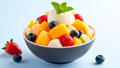 Fresh fruit salad and ice cream with berries in a bowl, a healthy breakfast or sweet dessert