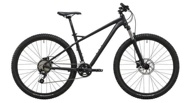A brand new, sleek black mountain bike with a matte frame, knobby tires, and suspension, perfectly centered on a transparent studio background with even, diffused lighting and no shadows,