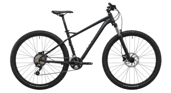 A brand new, sleek black mountain bike with a matte frame, knobby tires, and suspension, perfectly centered on a transparent studio background with even, diffused lighting and no shadows,