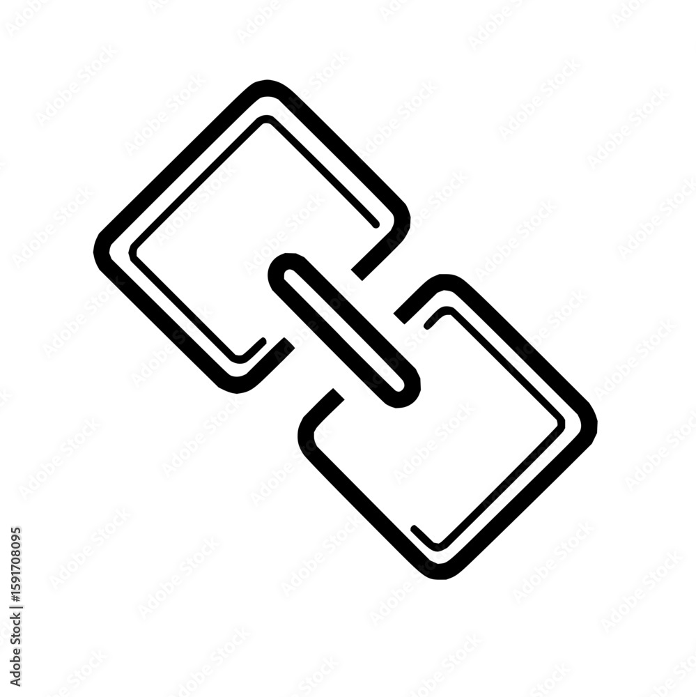 Poster two squares connected by a rounded rectangle representing a link in a simple black and white design 