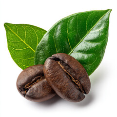 Close-up roasted coffee beans with green leaves isolated on white background