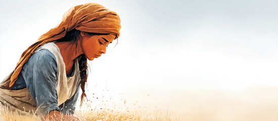 A beautiful, realistic illustration of the biblical figure Ruth, gleaning grain in a golden harvest field. A painterly banner symbolizing faith, humility, loyalty, and diligent work.