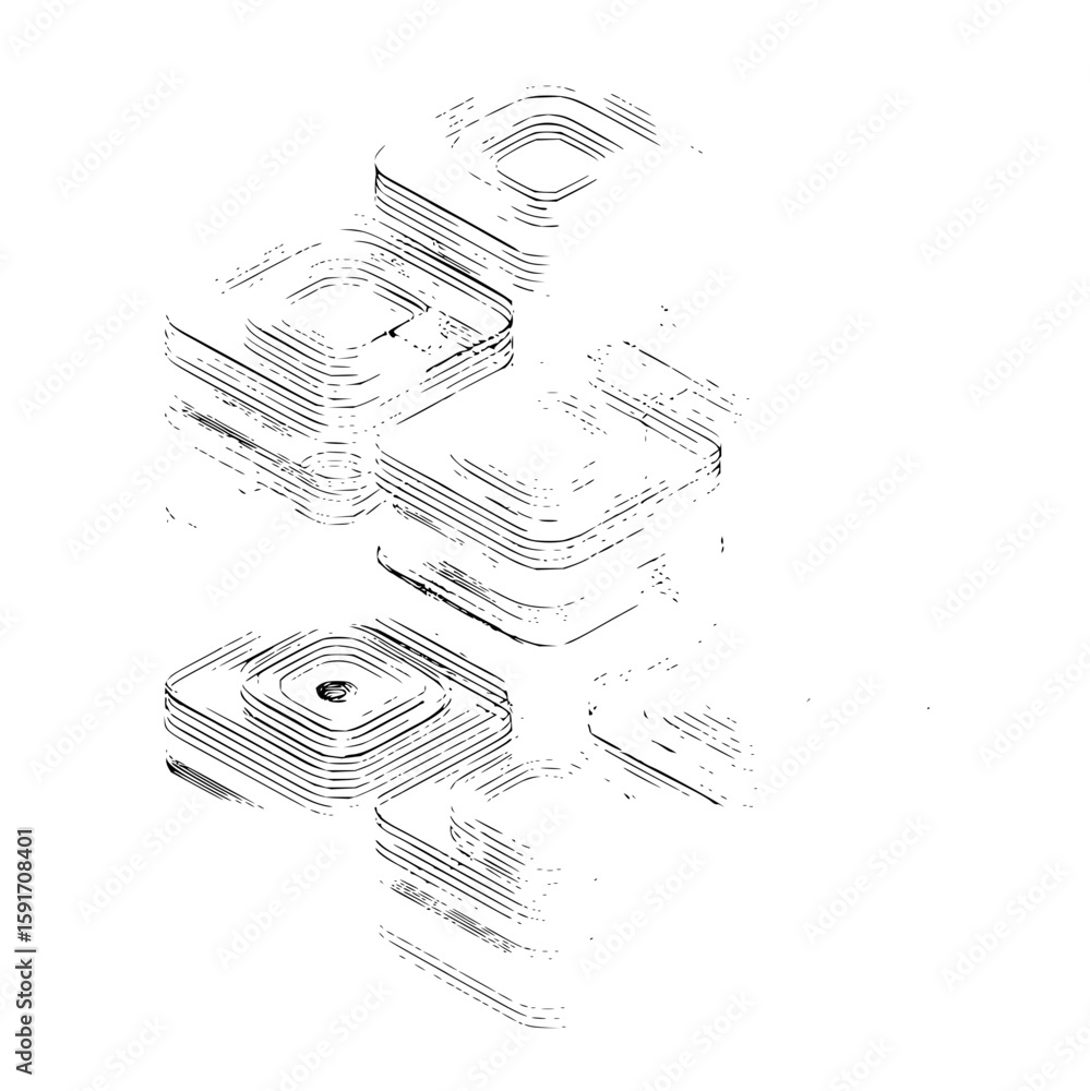 Poster isometric stacked tech components with layered design and rough sketch style rendering in black and 