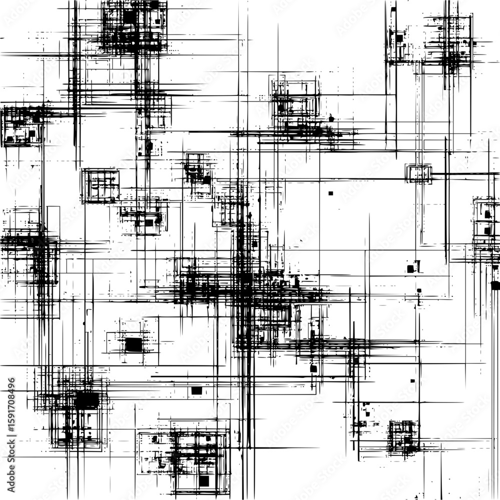 Poster abstract tech blueprint design featuring interconnected lines and geometric shapes in black and whit