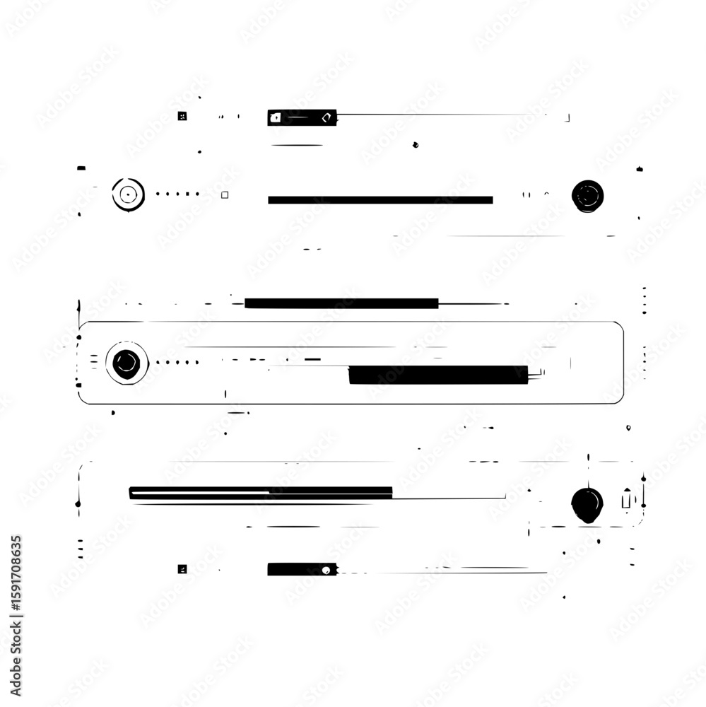 Poster abstract representation of multiple electronic devices with controls and display elements shown offi