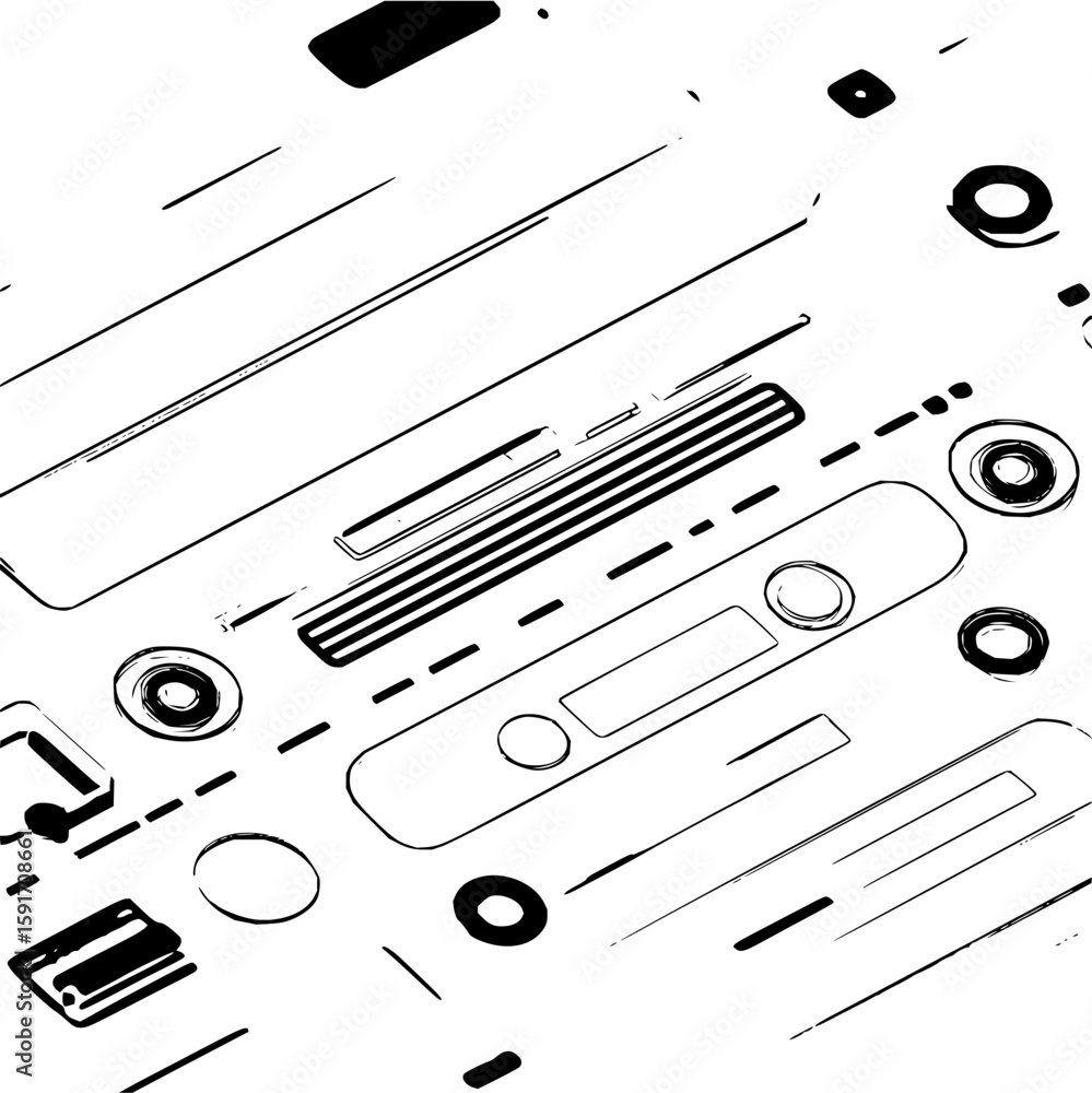 Poster angled view of a retro tech device with buttons and lines in black and white illustration style offi