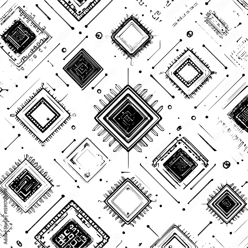 Poster a detailed monochrome pattern featuring multiple computer chips arranged in a repeating diagonal lay