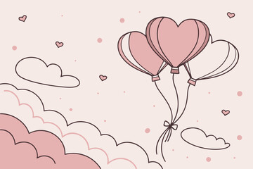 Flying Heart Shaped Balloons in Pink Sky vector illustration