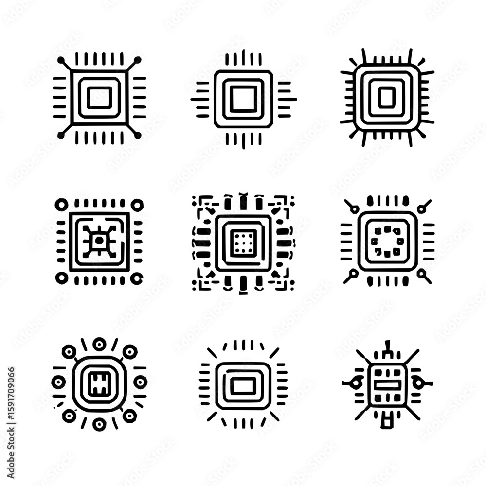 Poster collection of nine distinct abstract microchip designs in a minimalist black and white style layout 