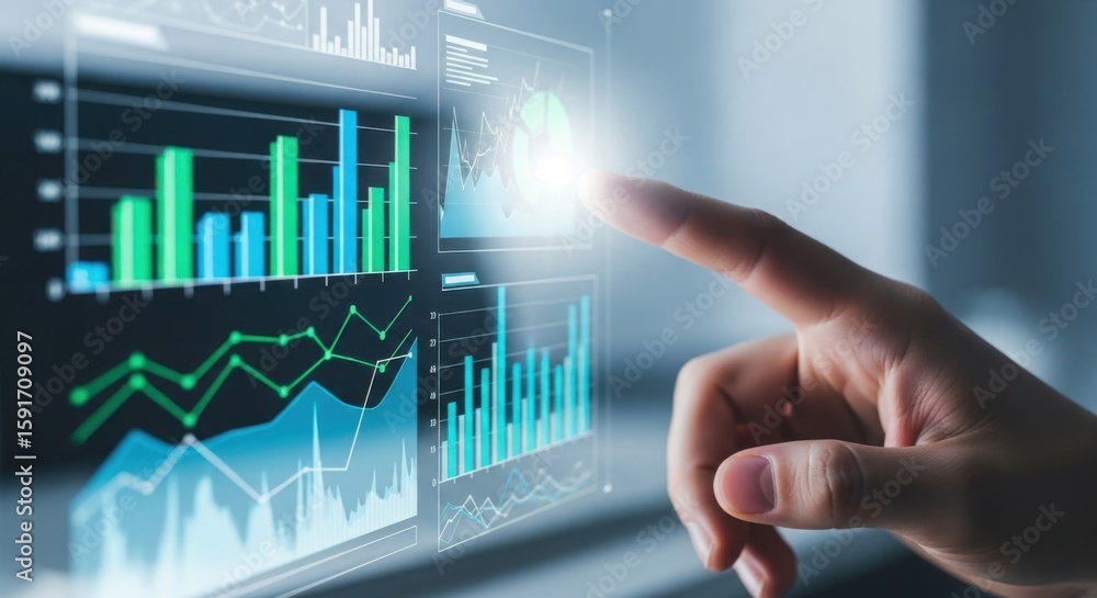Aufkleber hand touching glowing digital screen displaying financial charts and graphs technology data analysis
