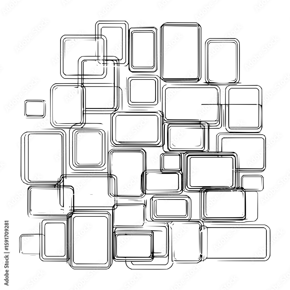 Poster abstract tech arrangement of overlapping rounded rectangles in a monochrome sketch style design layo