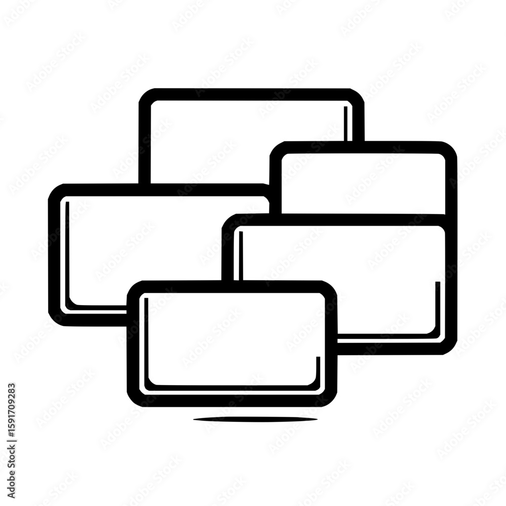 Poster stack of five simple black and white rectangles representing technology interfaces or application wi