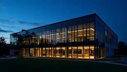 Building Academic research wing wrapped in dark tinted glass with glowing interior lighting at nightfall. (3).jpg