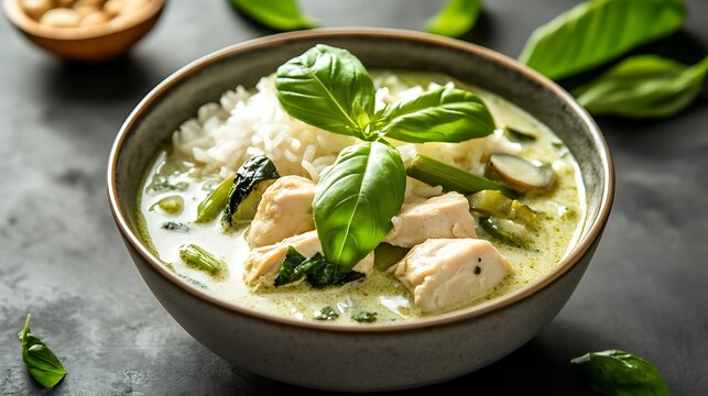 Thai Green Curry with Chicken and Rice in a Bowl