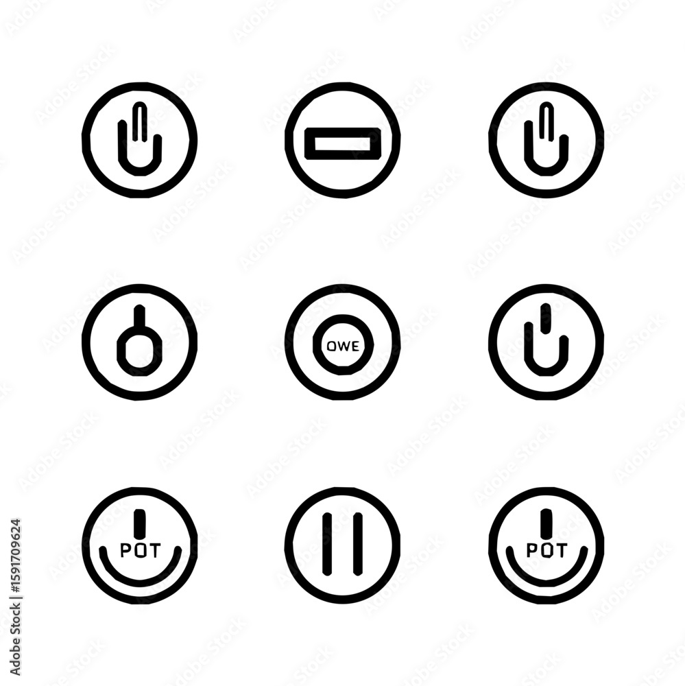 Poster collection of nine circular tech icons featuring power symbols pause and other control elements desi