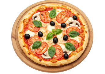 A delicious pizza topped with mushrooms, tomatoes, olives, and basil on a wooden board isolated on transparent background