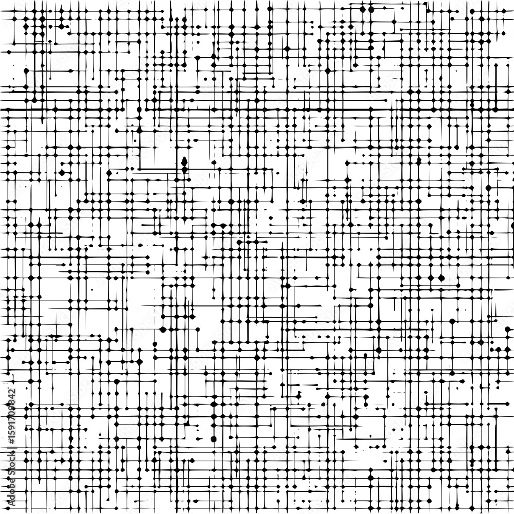 Poster abstract depiction of a complex network with interconnected nodes and lines on a white background of