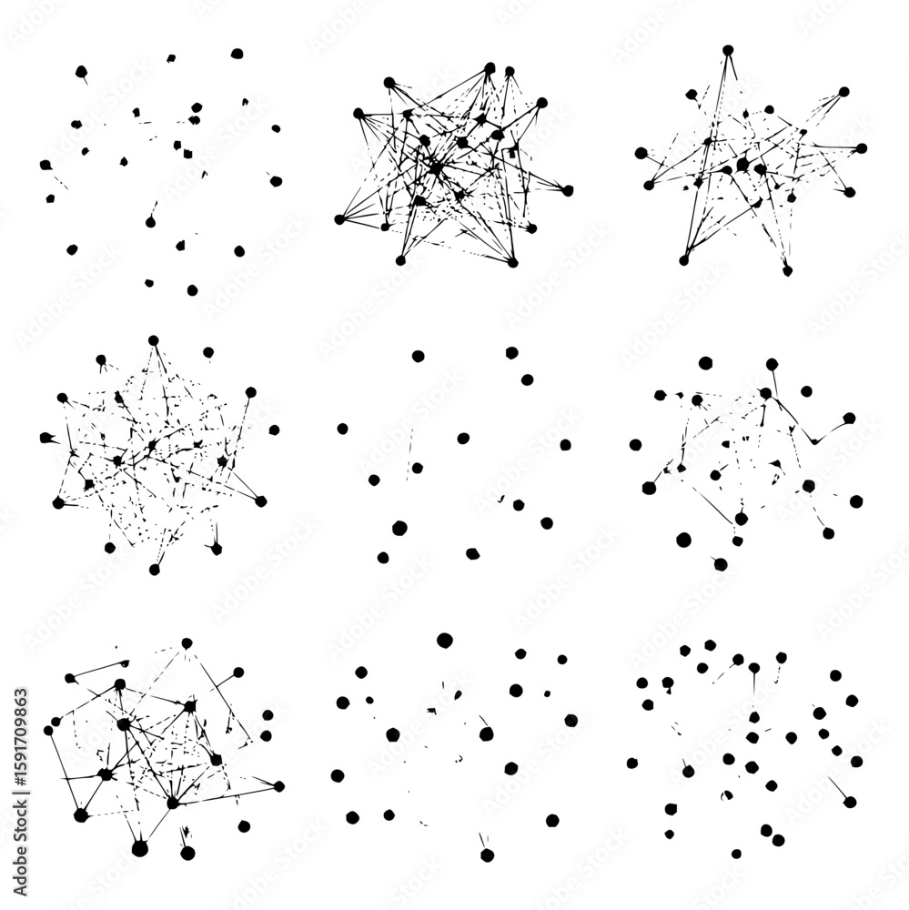 Poster nine variations of connected dots forming network structures in a technological arrangement design o