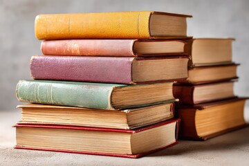Stacked Vintage Books On Light Gray Background