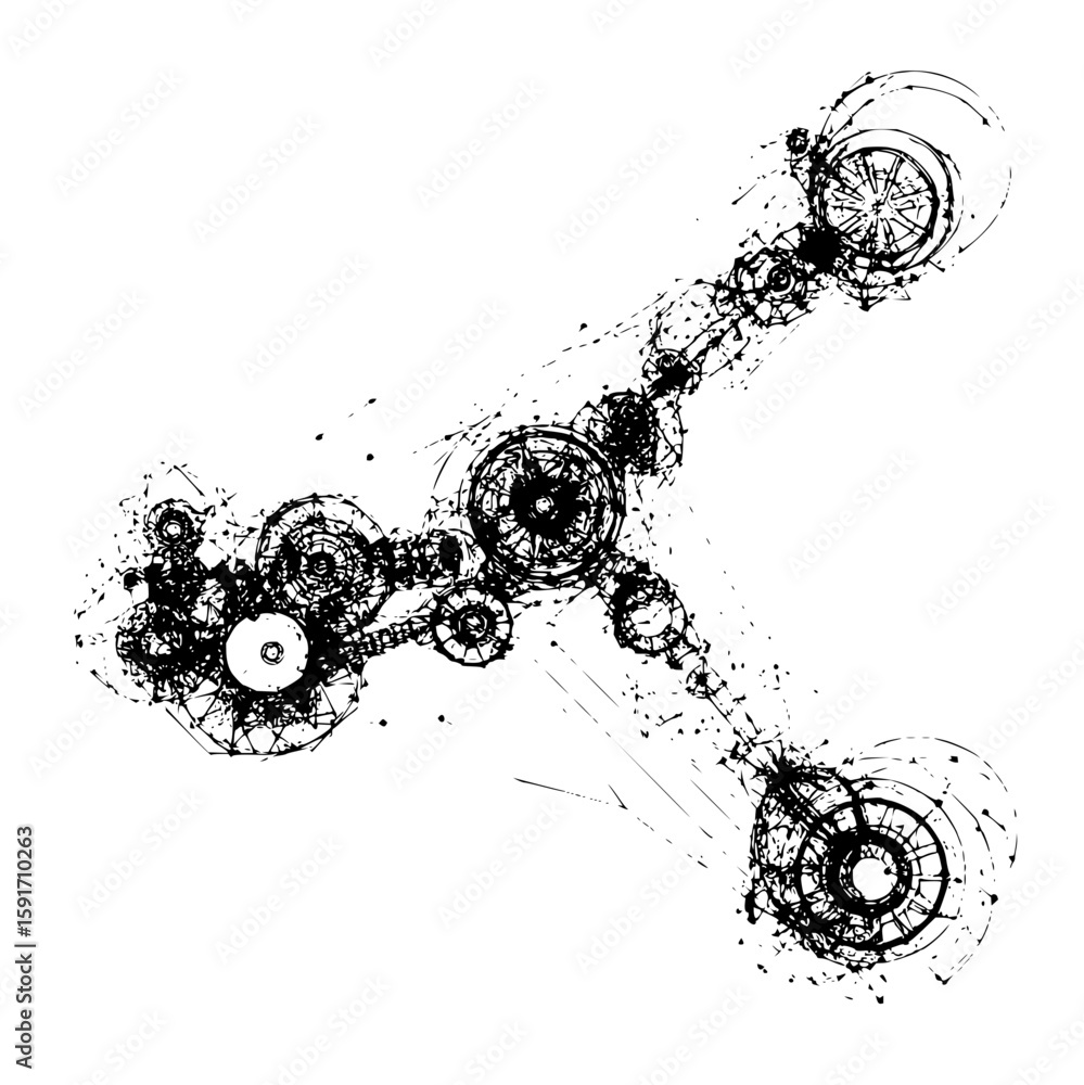 Poster complex interconnected network of gears and abstract tech elements in a detailed black and white des