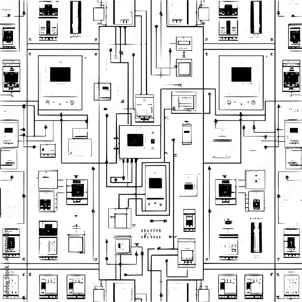 Poster complex interconnected network of electronic devices and components in a schematic diagram layout of