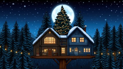 Cozy Winter Cabin Surrounded by Snowy Pine Trees and Moonlight