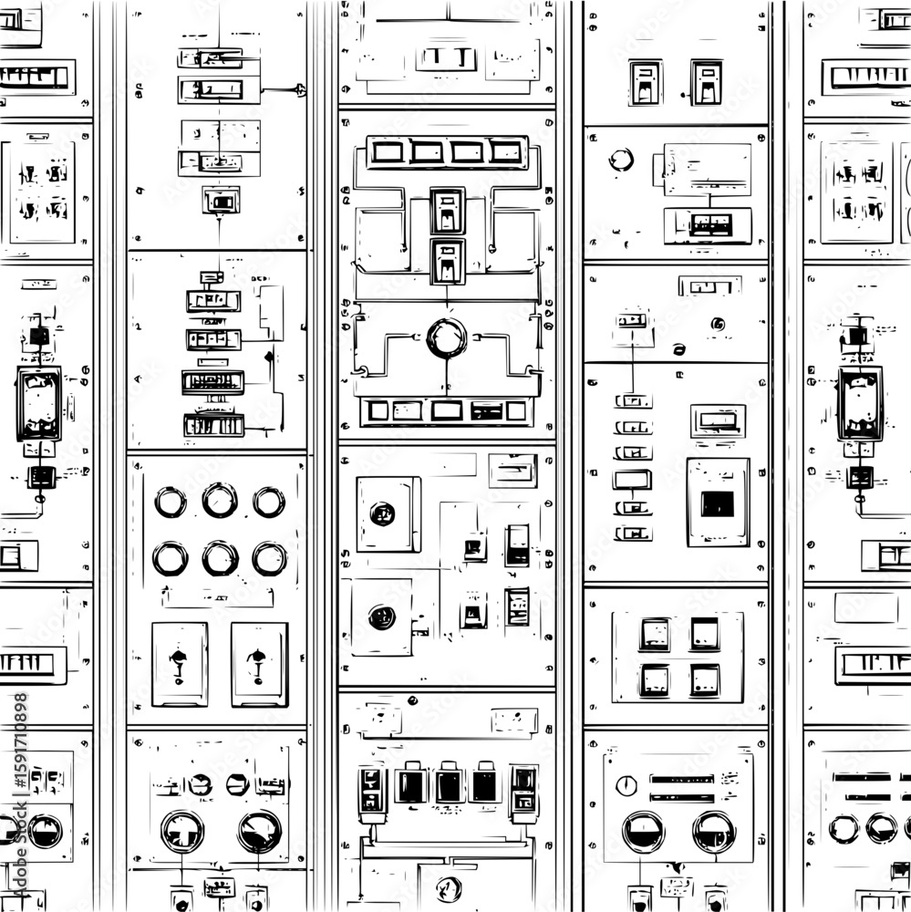 Poster detailed illustration of multiple control panels with various switches and gauges in a tech setting 