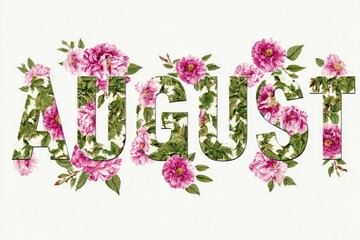 Floral AUGUST text art green leaf  pink peonyfilled letters light background